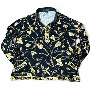 Vtg 90s Baroque Chain Print Top Womens S Black Gold Mercerized Cotton Mob Wife